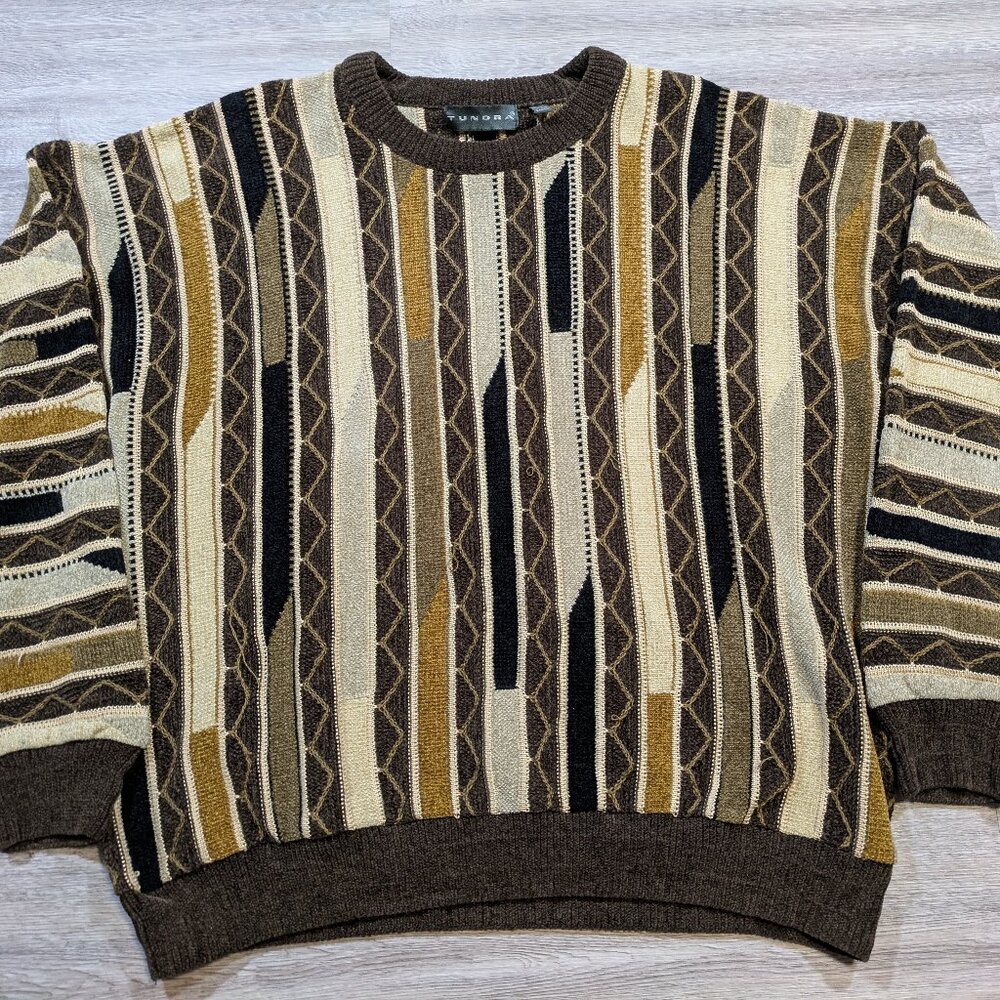 Vintage Tundra Sweater Men's XL Brown Gold Black Vertical Stripe Knit Acrylic